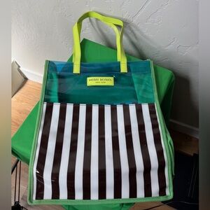 Beautiful Henri Bendel Brown and White-Striped Tote Bag with Yellow Handles.